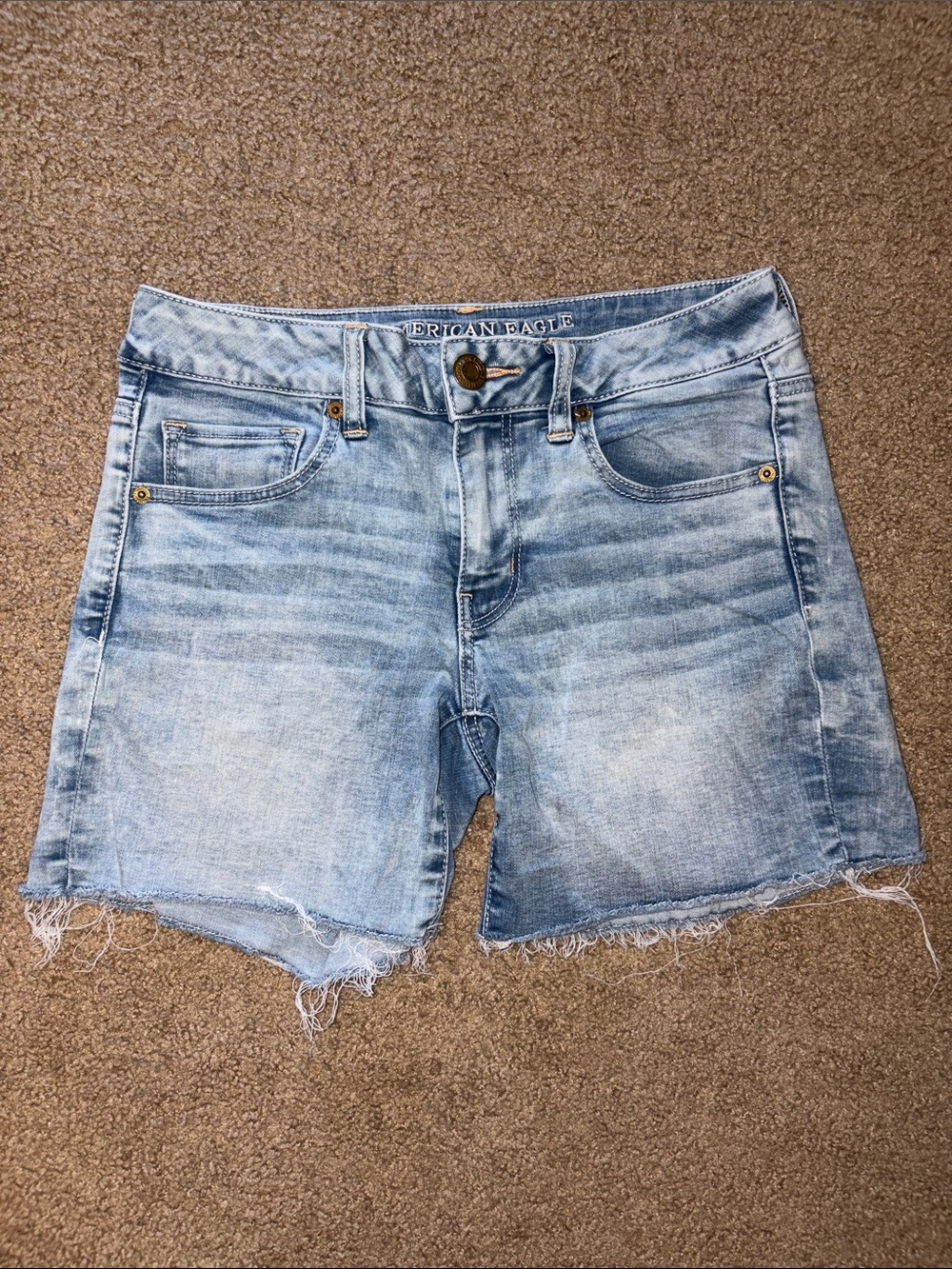 American Eagle Outfitters Midi Super Stretch Light Blue Frayed Denim Shorts
